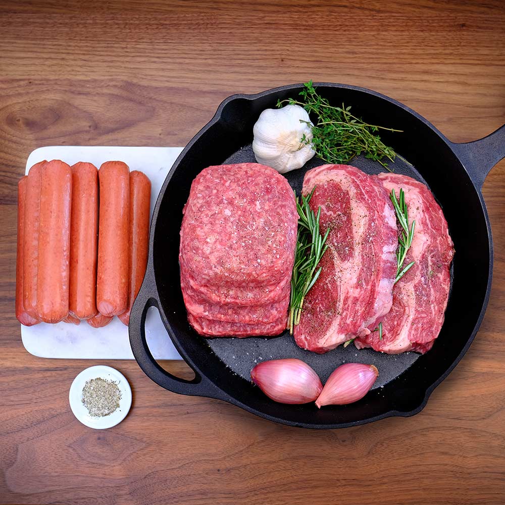 Grill box, ribeyes, burgers, hot dogs
